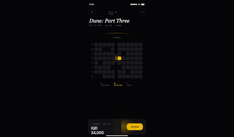 CinemaOS mobile seat selection screenshot
